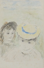 Elinor Bellingham-Smith (1906-1988), watercolour, Studies of two young girls, signed with initials, 25 x 17cm, mounted, unframed. Condition - poor to fair, foxing throughout